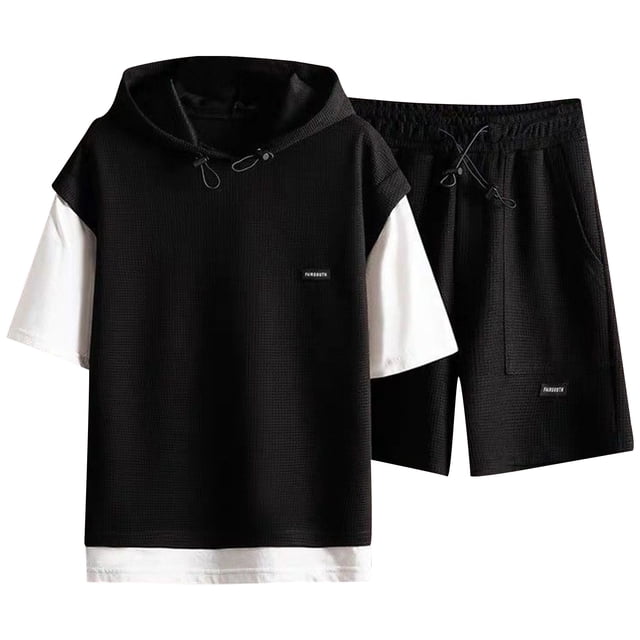 toraway Casual Mens Suits Classic Fit 2 Piece Grey Mens Casual Short Sleeve Hooded Sweatshirt Sweat Shorts with Pockets Drawstring Athletic Shorts Waffles Summer Shorts Set XXL