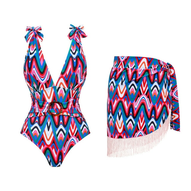 Penkiiy Maillot de Bain une Pièce pour Femmes avec Jupe Paréo Imprimé Floral Rétro Ensemble Bikini Deux Pièces m Multicolore