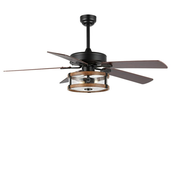 JONATHAN Y Joanna 52" 2-Light Rustic Industrial Iron/Wood/Seeded Glass Mobile-App/Remote-Controlled LED Ceiling Fan, Black/Brown/Clear