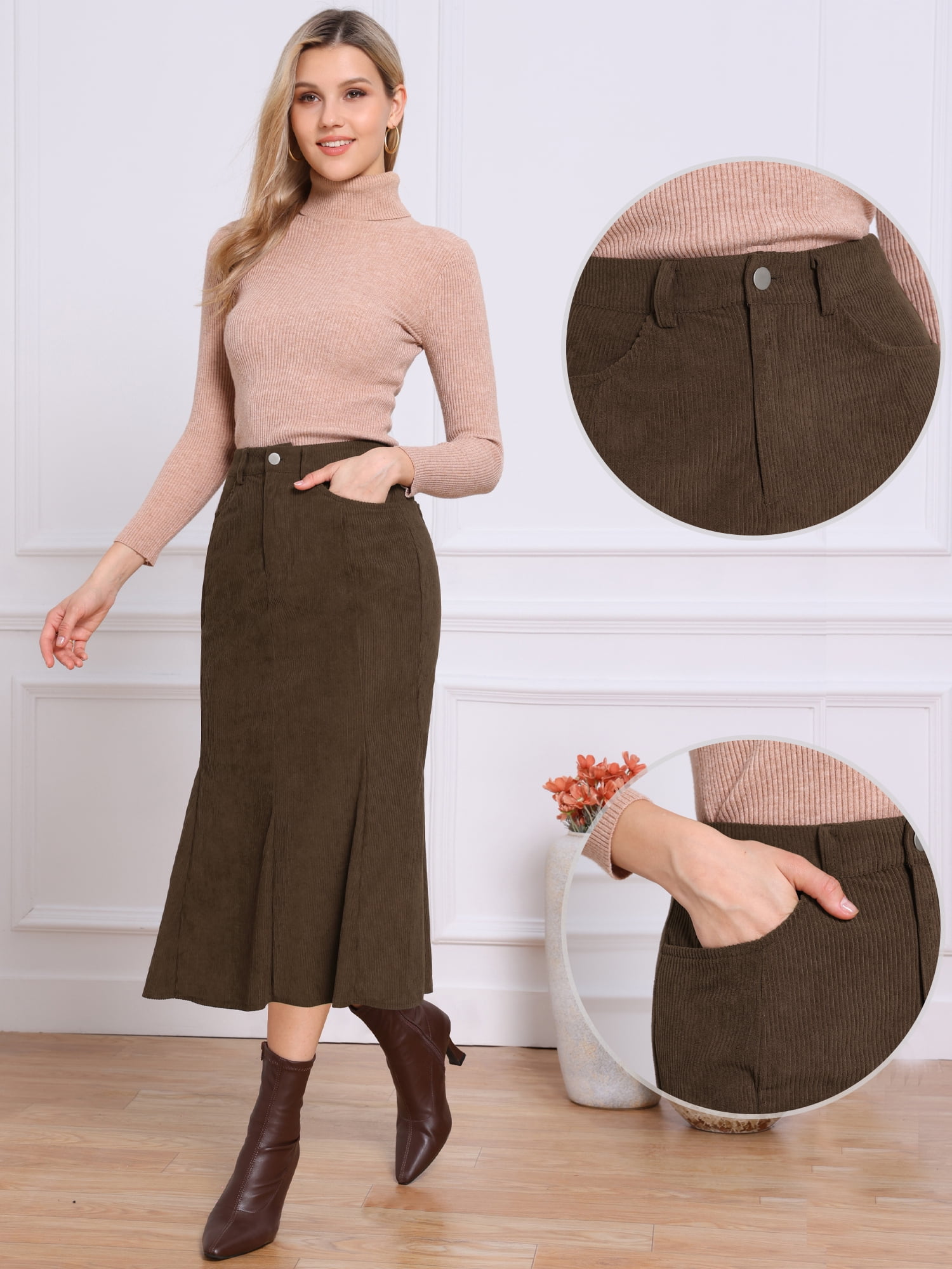 DARING DIVA Women's High Waisted Bodycon Mermaid Skirts S Brown