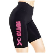 KOYOTEE Junior's Survivor Breast Cancer Ribbon V592 Black Biker Shorts Leggings One Size (S-L)