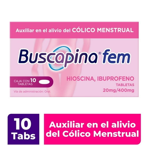 Buscapina Fem Auxiliar en el Alivio del Cólico Menstrual 10 tabletas. Con Hioscina e Ibuprofeno.