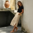 thumbnail image 4 of Women's Cotton Linen Midi Skirt Elastic Waist Side Button Split Pockets Solid Color Casual A-Line Mid-Calf Skirt 04-Khaki S, 4 of 5