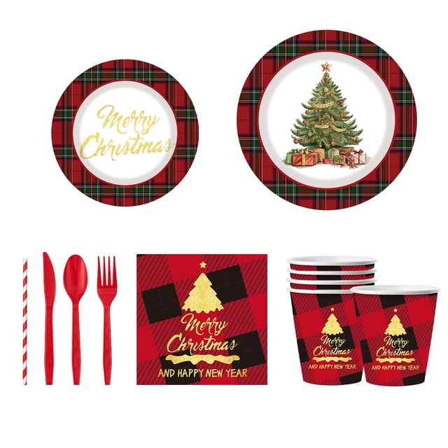 Billuyoard Juego de 56 servilletas navideñas (para 10 personas), vajilla roja, colores resistentes y duraderos, esenciales, resistentes y Mostrada árbol de navidad rojo Para 10 personas
