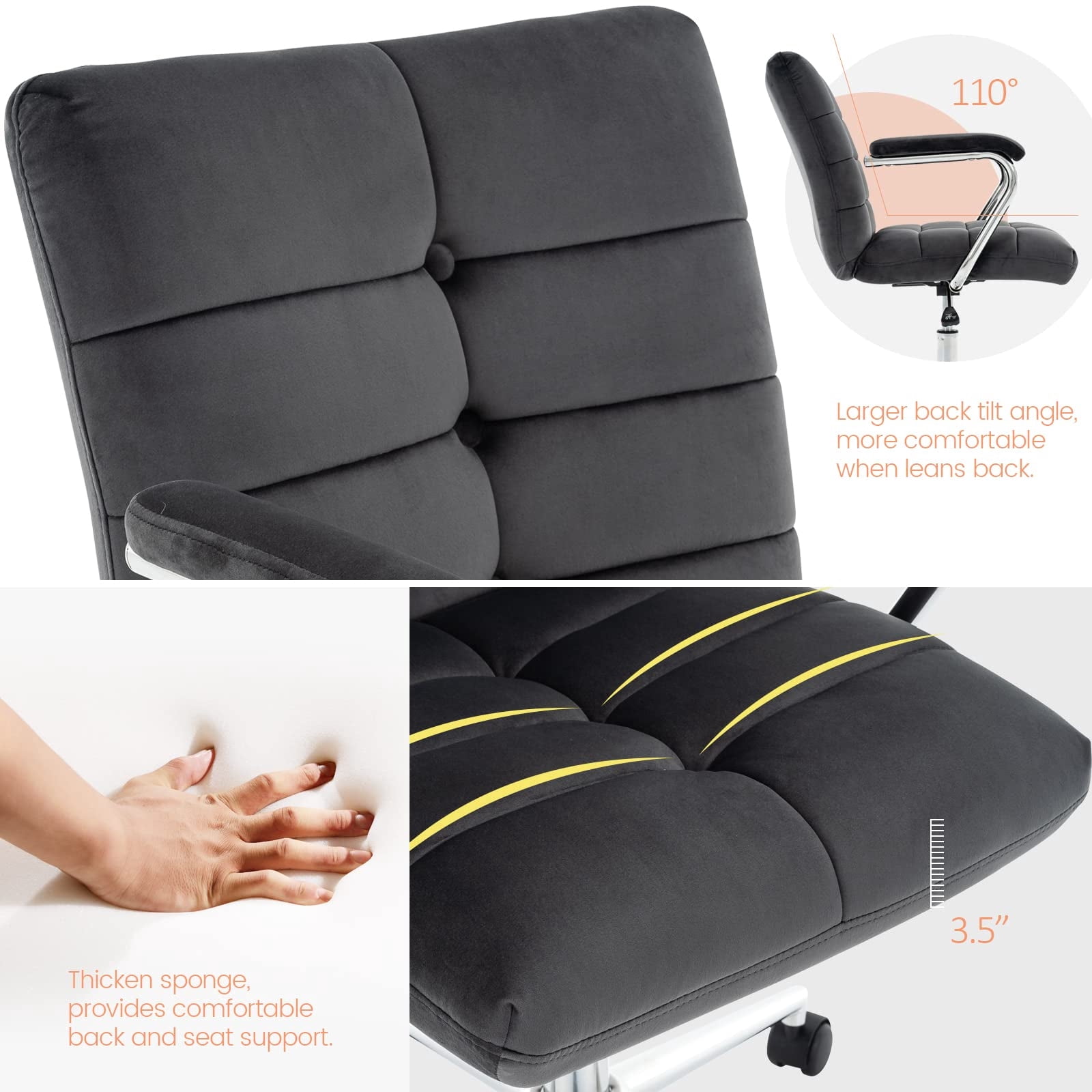 Velvet Desk Chair with Arms, Adjustable Height Home Office Chair, Mid-Back Upholstered Vanity Chair with 360° Swivel and Wheels for Living Room or Study, Black