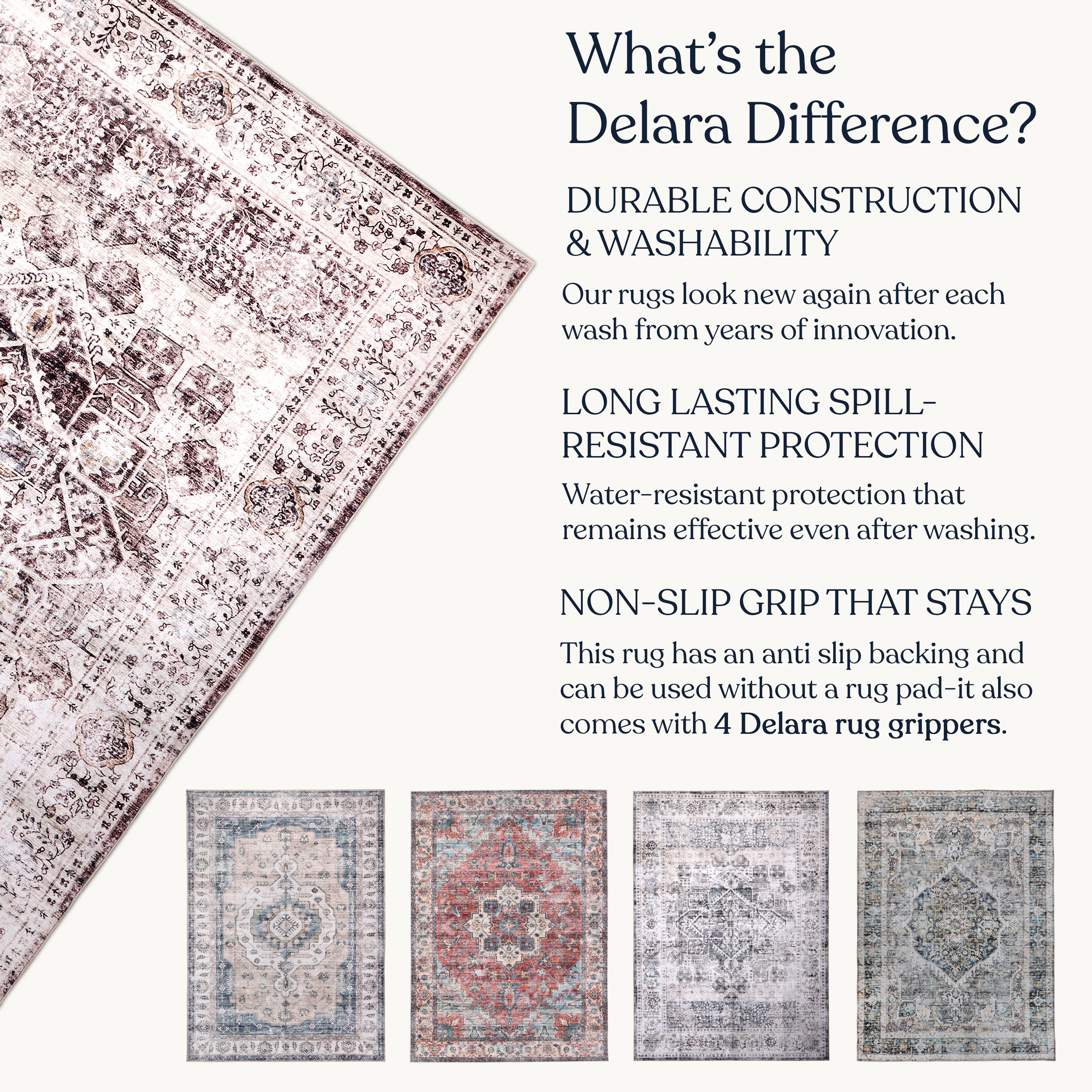 Delara 3'x5' Machine Washable Area Rug, Soft & Durable, Non-Slip, Stain Resistant, Vintage Cocoa, for Bedroom, Living & Dining Room
