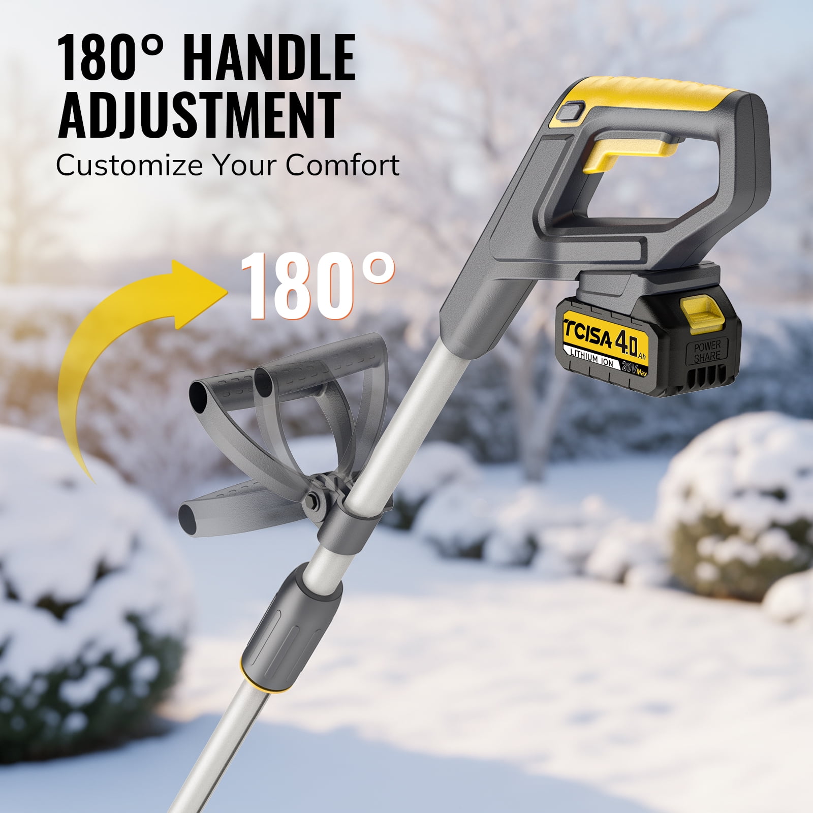Tcisa 12" Electric Snow Shovel  Cordless with 20V 4Ah Battery, Lightweight Snow Blower, with Adjustable 180° Snow Throw,  for Driveway, Patio & Sidewalk