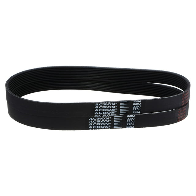 Unique Bargains 220J8 PJ V-Ribbed Belt, featuring 8 ribs and dimensions of 22 inches in length and 0.74 inches in width. Made from durable EPDM rubber and fiber, this serpentine belt offers high-temperature, oil, and wear resistance. Designed for industrial transmission applications, it provides excellent traction, speed transfer, and load distribution. Suitable for use in machinery, appliances, and power tools like compressors, pumps, drills, and saws. Pack includes two belts.