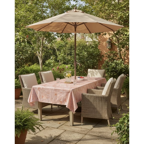 Serafina Home Summer Palm Leaf Sketch Vinyl Tablecloths: Patio Table Umbrella Tablecloth with Hole with Zipper, 52" x 70" inch Rectangle (Coral)