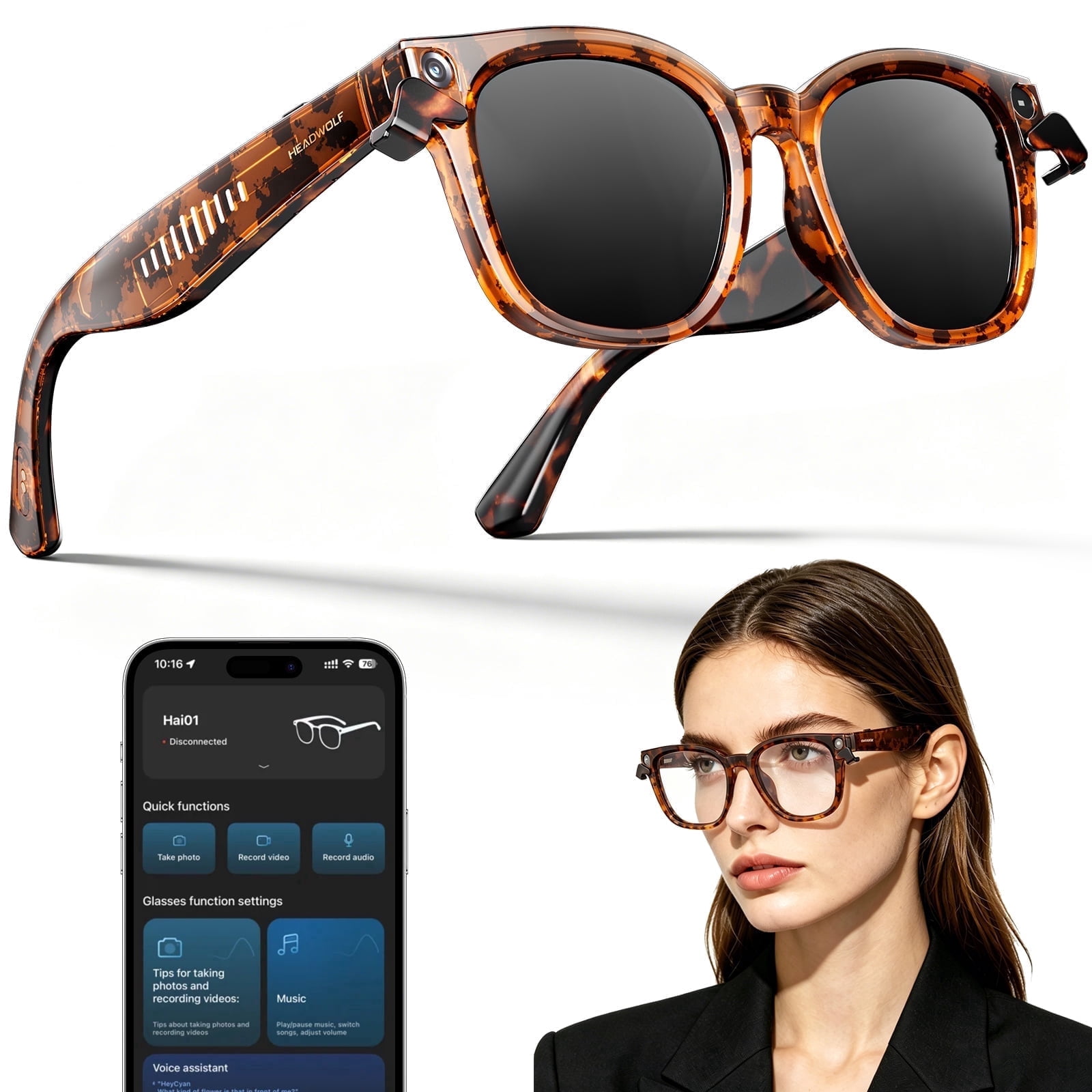 HEADWOLF AI Smart Glasses with Patented Magnetic Privacy Cover, 8MP Camera, 4K Image Sensor, AI Translation, Voice Assistant, Open-Ear Bluetooth Audio, 32GB Storage