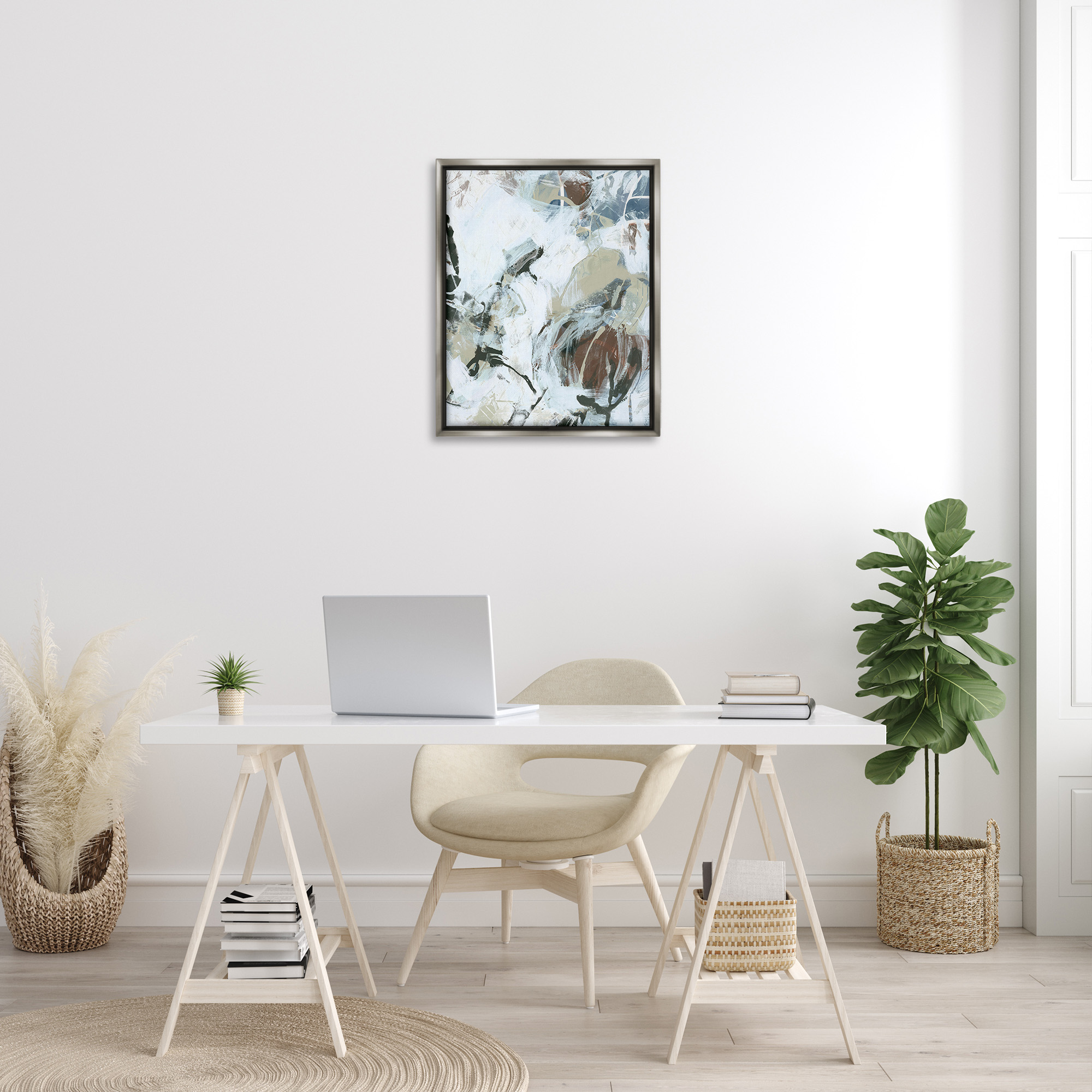 Stupell Industries Expressive Neutral Abstraction Abstract Painting Gray Floater Framed Canvas Art Print Wall Art, 25 x 31