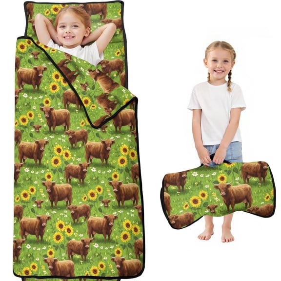 Highland Cow and Sunflower Print Teens Toddler Nap Mat with Pillow, Sleeping Mat Bag for Preschool Daycare 59"x22"