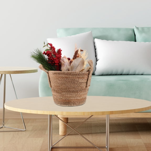 WHAMVOX Round Seagrass Basket Pot with Handles Decorative Seagrass Flowers Planter Wicker Storage Basket for Living Room Bedroom Organization