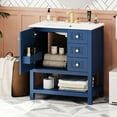 thumbnail image 2 of 30inch Transitional Vanity For Bathroom. Blue Finish. Solid Wood & . Ceramic Sink. Multifunctional Storage With 2 Drawers And Cabinet. Soft Close Hinges 30" Bathroom + Rectangular Functional Spaces., 2 of 6