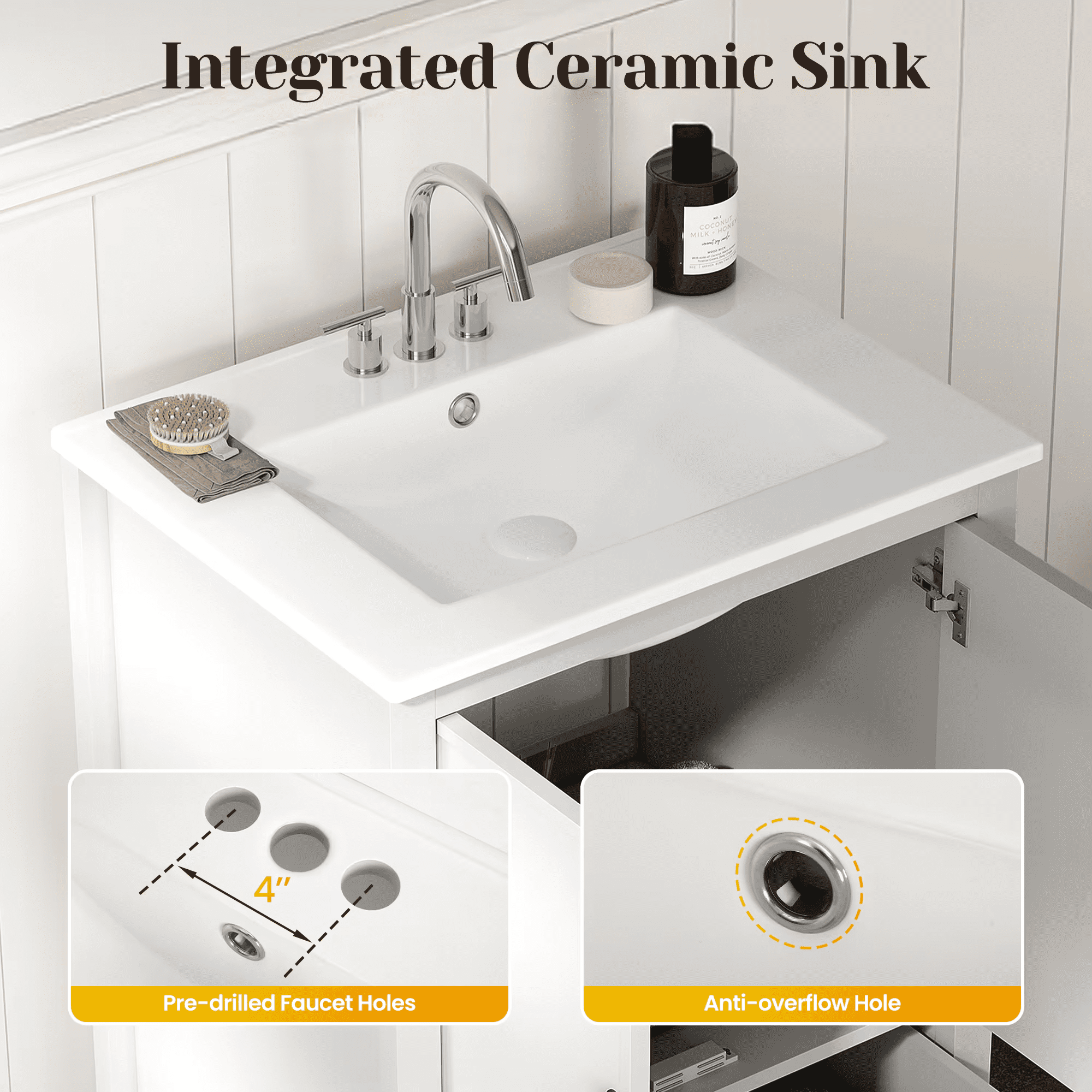 Mintazer 24 Inch Fluted Bathroom Vanity Cabinet with Ceramic Sink, Modern Farmhouse Single Sink Bath Vanity with Storage Cabinet & Drawer, White