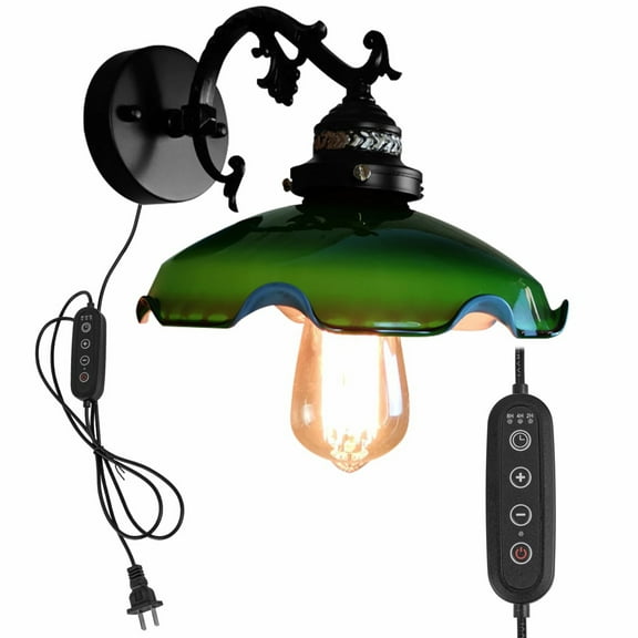 Kiven Plug in Dimmable Wall Lamp with Timer, Vintage Style Plug in Wall Sconce with Glass Lampshade, 5.9ft Plug-in Cord, E26 Socket(1 Light)