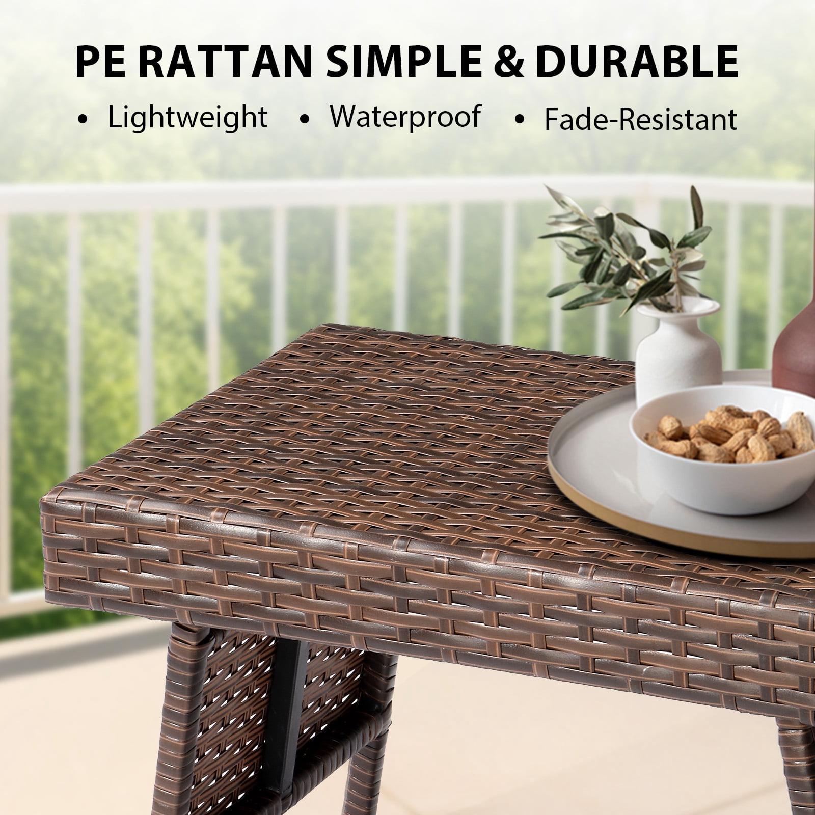 Outdoor Folding Side Table, Patio Rattan Coffee Table with PE Wicker & High-Duty Steel Frame for Garden Courtyard Poolside, Brown