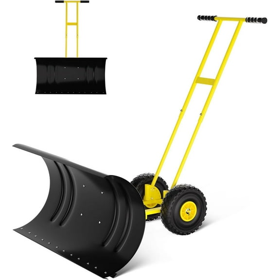 Lumiparty Snow Pusher with Wheels for Driveway, 36" Wide Steel Blade, 7-Position Angle Adjustment & 60° Tilt Handle, Push Snow Shovel Removal with Ground Protection, Yellow