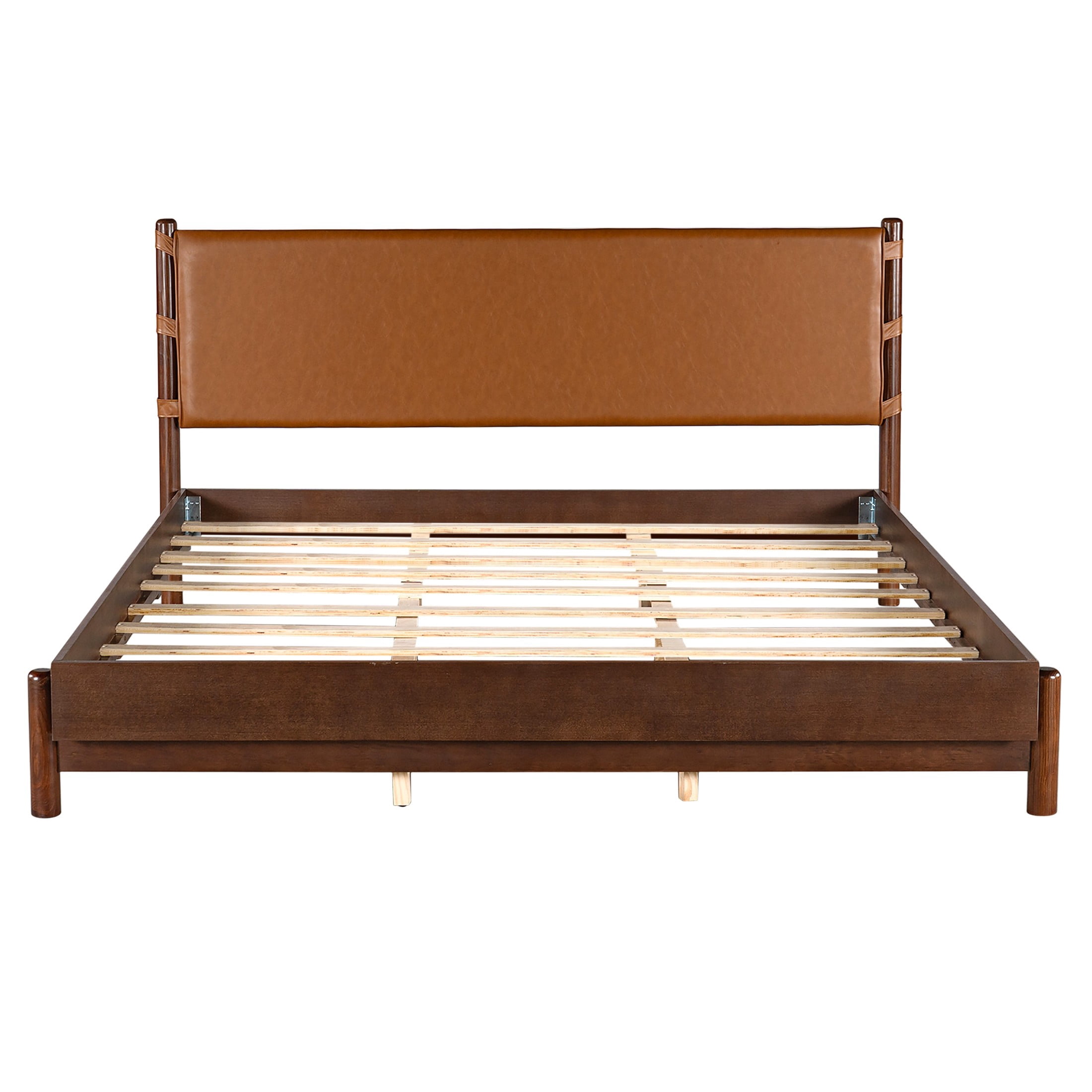 Christopher Knight Home King Modern Wood Platform Bed with PU Upholstered Headboard, Walnut+Brown