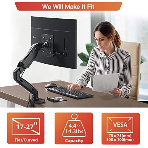 Full Motion Gas Spring Arms with Clamp On/Grommet Mounting Base ErGear 17”-34” Single Monitor Desk Mount Stand Black Holds Computer Screen up to 19.84 lbs/Arm with 75/100mm VESA 