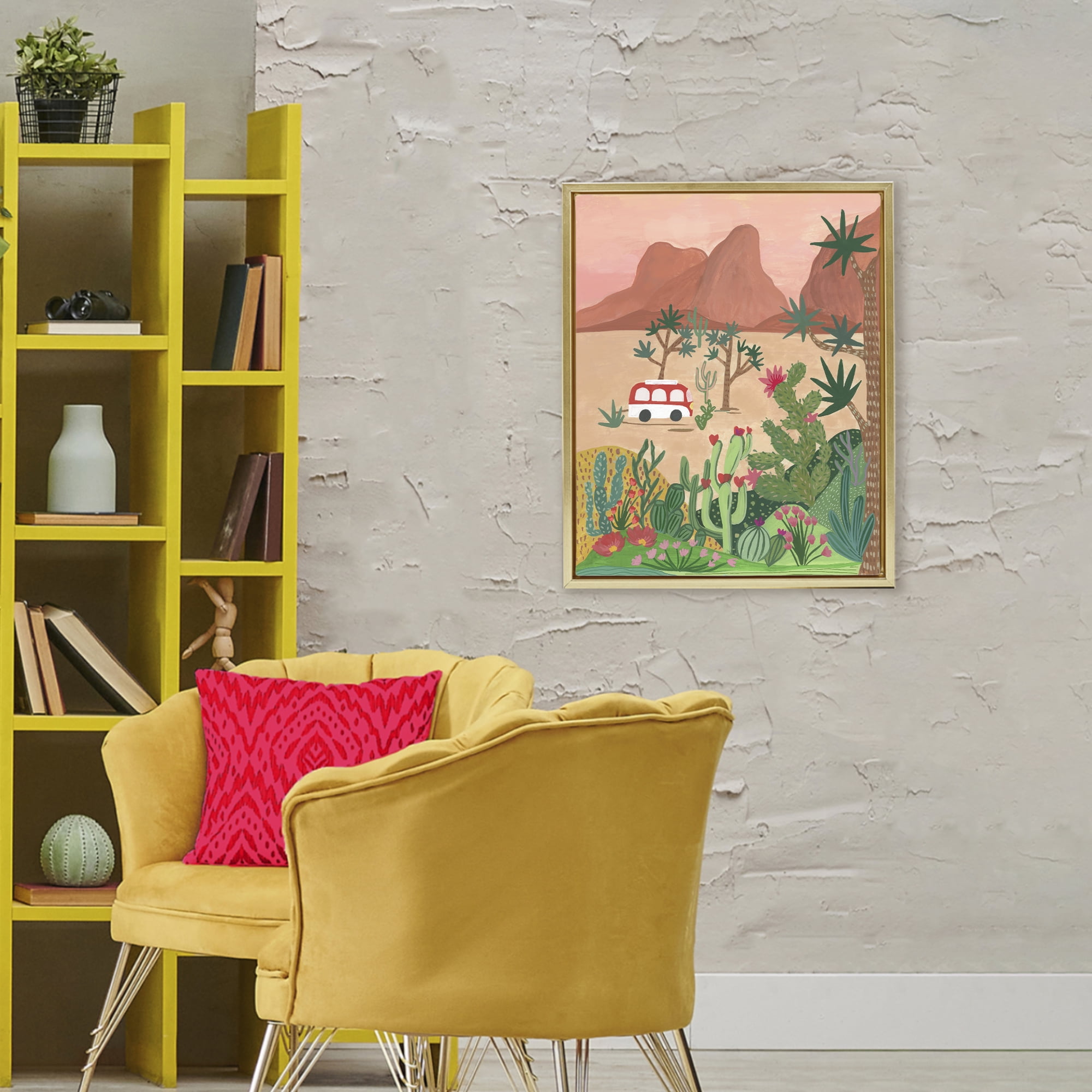 Desert Camper & Cacti Gold Framed Floater Canvas Wall Art, design by Nabeela Rumi