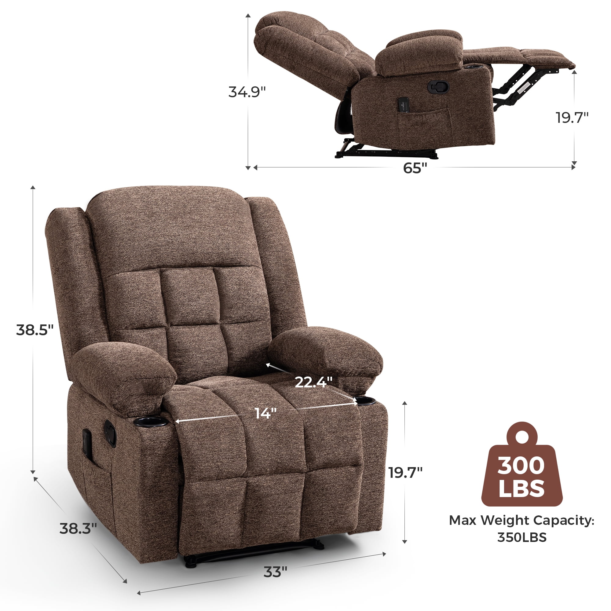 Ebello Manual Recliner Chair with Massage & Heat, Soft Fabric Recliner Chair with Cup Holders and Side Pockets for Living Room, Brown