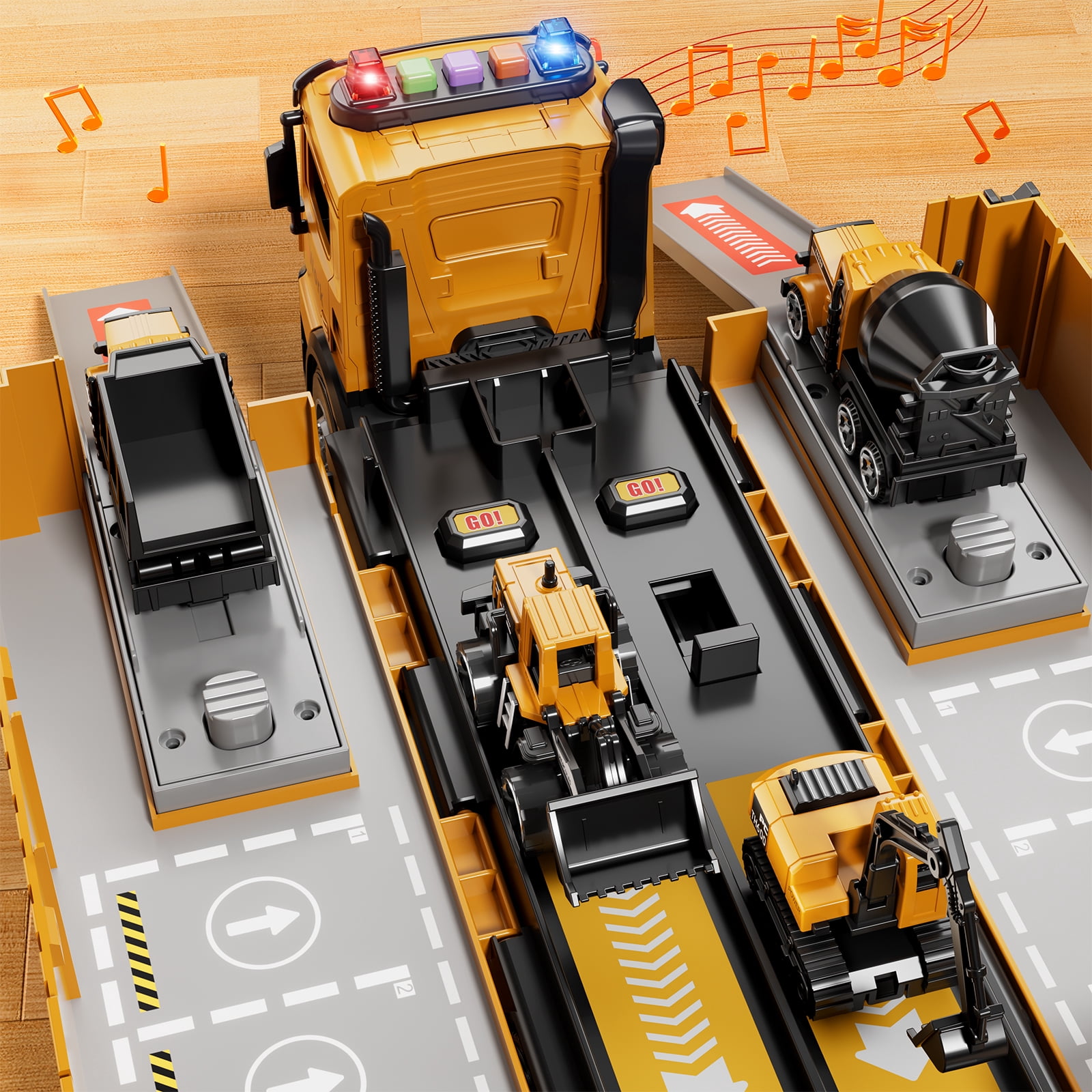 Lucky Doug Construction Truck Toy for Boys Age 3-6, Truck Set Include Launcher, Crane, Race Track, 4 Construction Vehicles - Dump truck, Cement Truck, Bulldozer, Excavator Toys for Kid 3- 6  Boy Gift