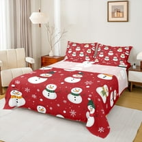 Manfei Cartoon Snowman Twin Sheet Sets 3 Pieces for Kids, Kawaii Snowflakes Twin Fitted Sheet, Red Christmas Flat Sheet, Ultra Soft Home Decor