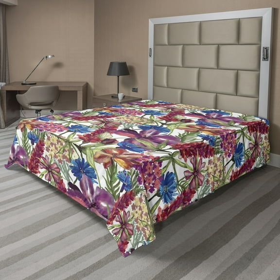 Ambesonne Floral Flat Bedding Sheet Soft Top Sheet, Pastel Vintage Flowers Plot, Full, Pistachio Green and Pale Ruby