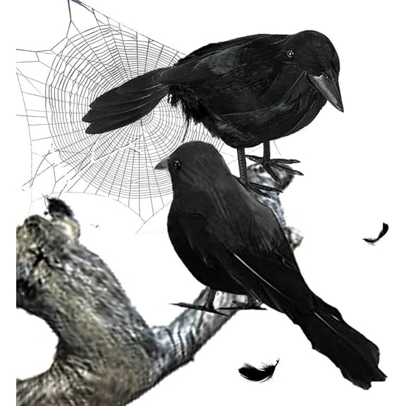 2 PCS Halloween Realistic Black Feather Crows Lifelike Ravens Halloween Party Outdoor Decorations Birds Prop