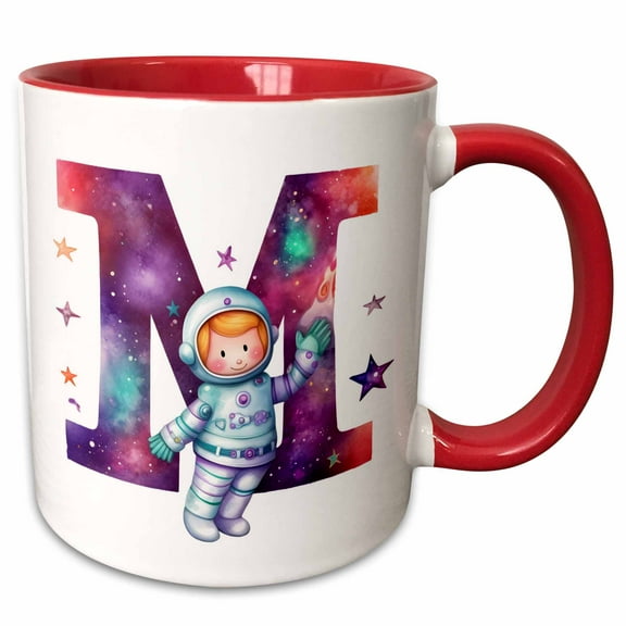3drose, Cute Astronaut Monogram Initial M, 11oz Two-tone Red Mug