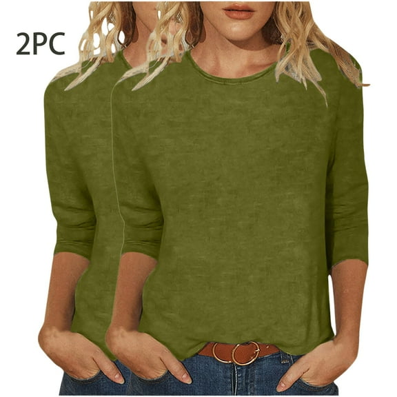 hxobax 2 PCS 3/4 Sleeve Tops for Womens Summer Basic Tee Solid Color Crewneck T Shirts Tunic Blouses