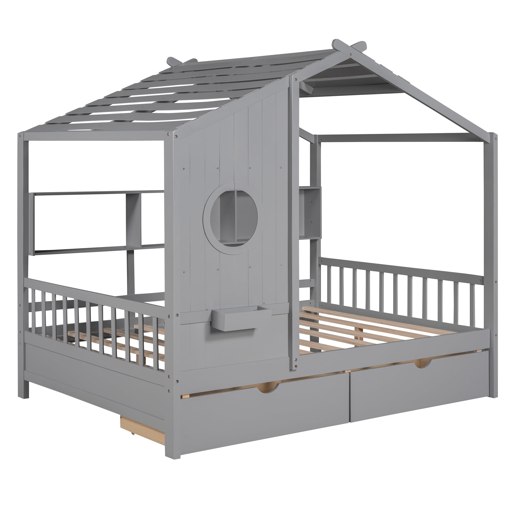 Harper & Bright Designs Full Size House Bed with Roof and Window, Wooden Daybed Frame with Shelves and 2 Drawers for Girls Boys, Gray