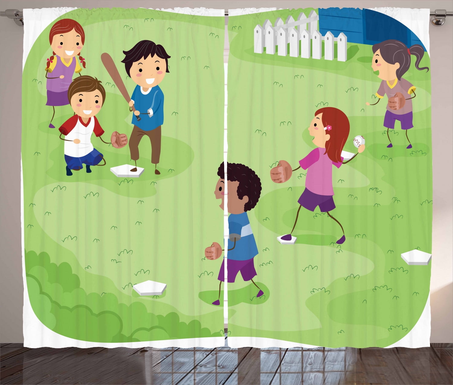 Kids Sports Curtains 2 Panels Set Friends At Backyard Playing
