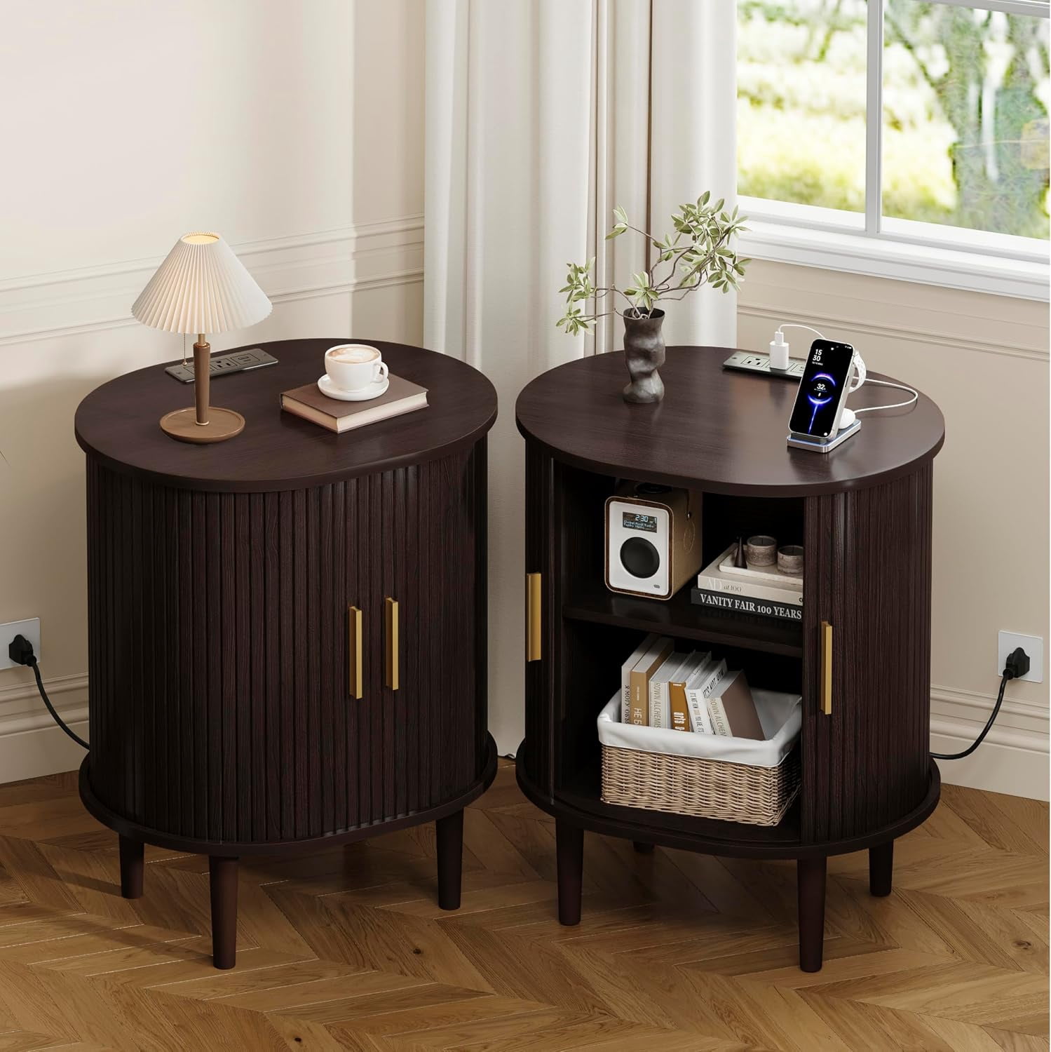 Nightstand set of 2 with Charging Station, Fluted Accent Side Table with Sliding Door & Adjustable Shelf, End Table for Small Space, Living Room, Bedroom,Sofa Couch, Dark Walnut
