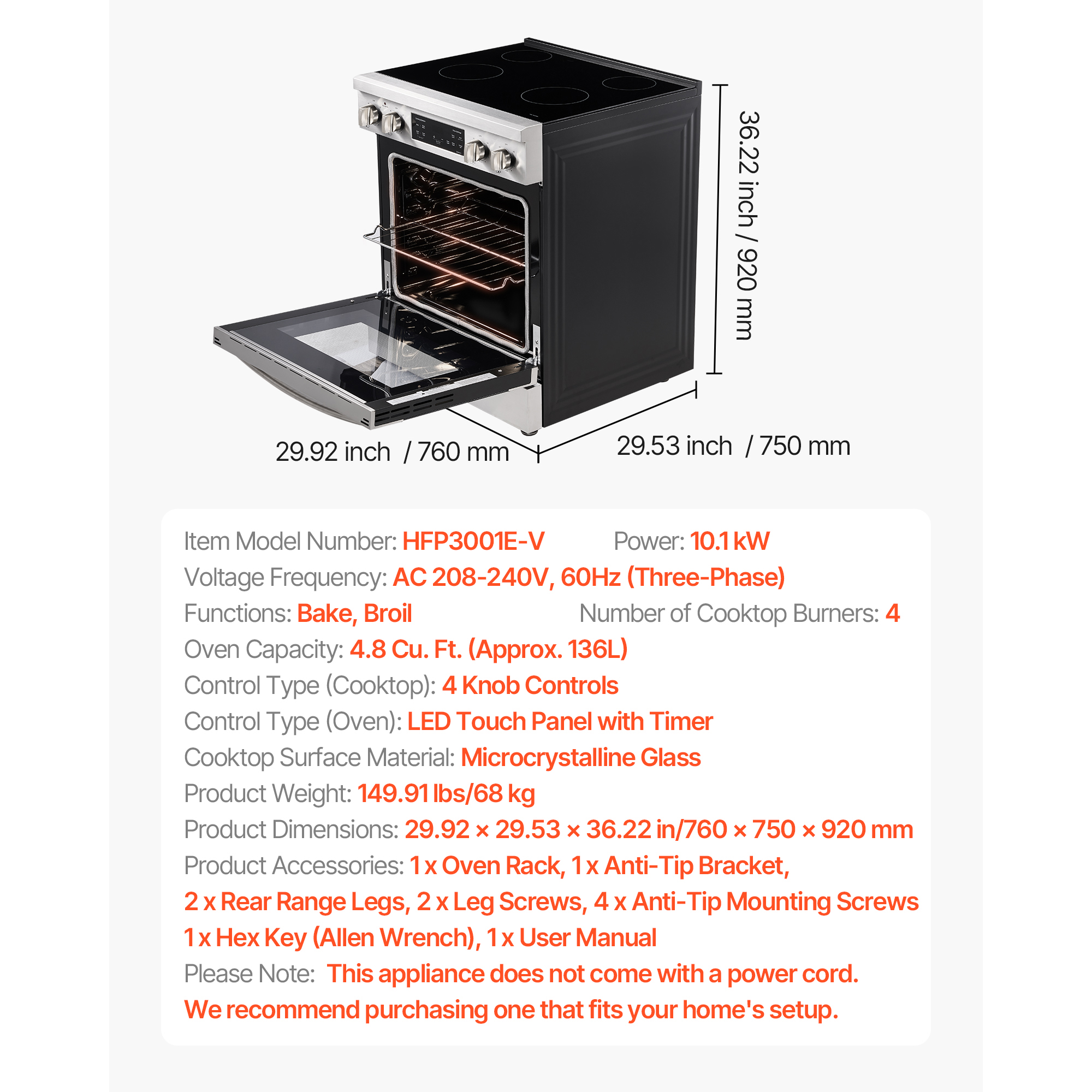 KFFKFF 30-inch Electric Range Oven, 4.8 Cu. Ft. Freestanding Stainless Steel Stove, Features 4 Cooktop Burners, Timer, Convenient Racks, Storage Drawer, Silver Finish (No power cord)