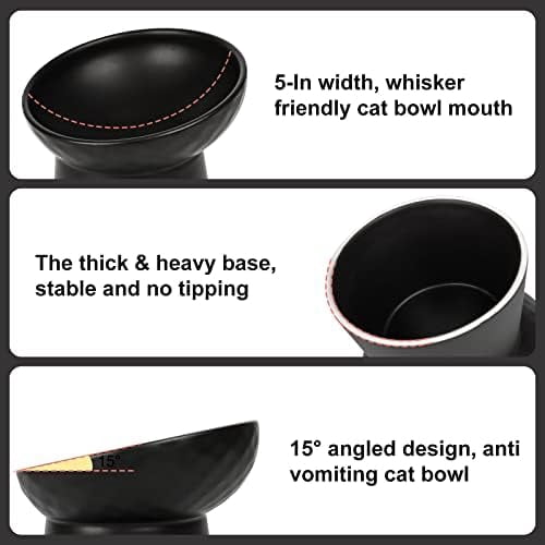Ceramic Raised Cat Bowls, Elevated Tilted Cat Food and Water Bowls Set, Stress Free Pet Feeding Dish for Indoor Cats and Small Dogs, Anti Vomiting, Black, 2 Pack