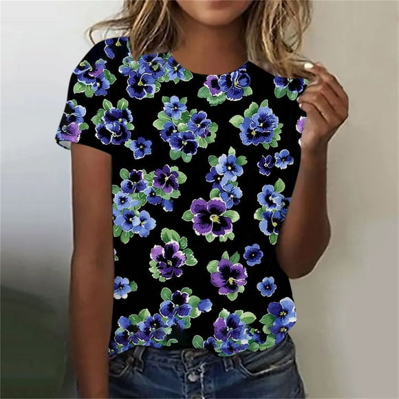 UPPADA Early Day 2025 Women's Round Neck Floral Print Casual Print Short Sleeved Top Short Sleeved Round Neck Top/shirt Gifts For Women With Dementia