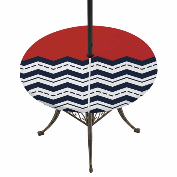 Round Outdoor Tablecloth with Umbrella Hole and Zipper, Black Chevron Tablecloth with Elastic Waterproof, Geometric Navy Blue White Sea Wavy Striped Patio Table Covers for 31" - 35" Pool Tables
