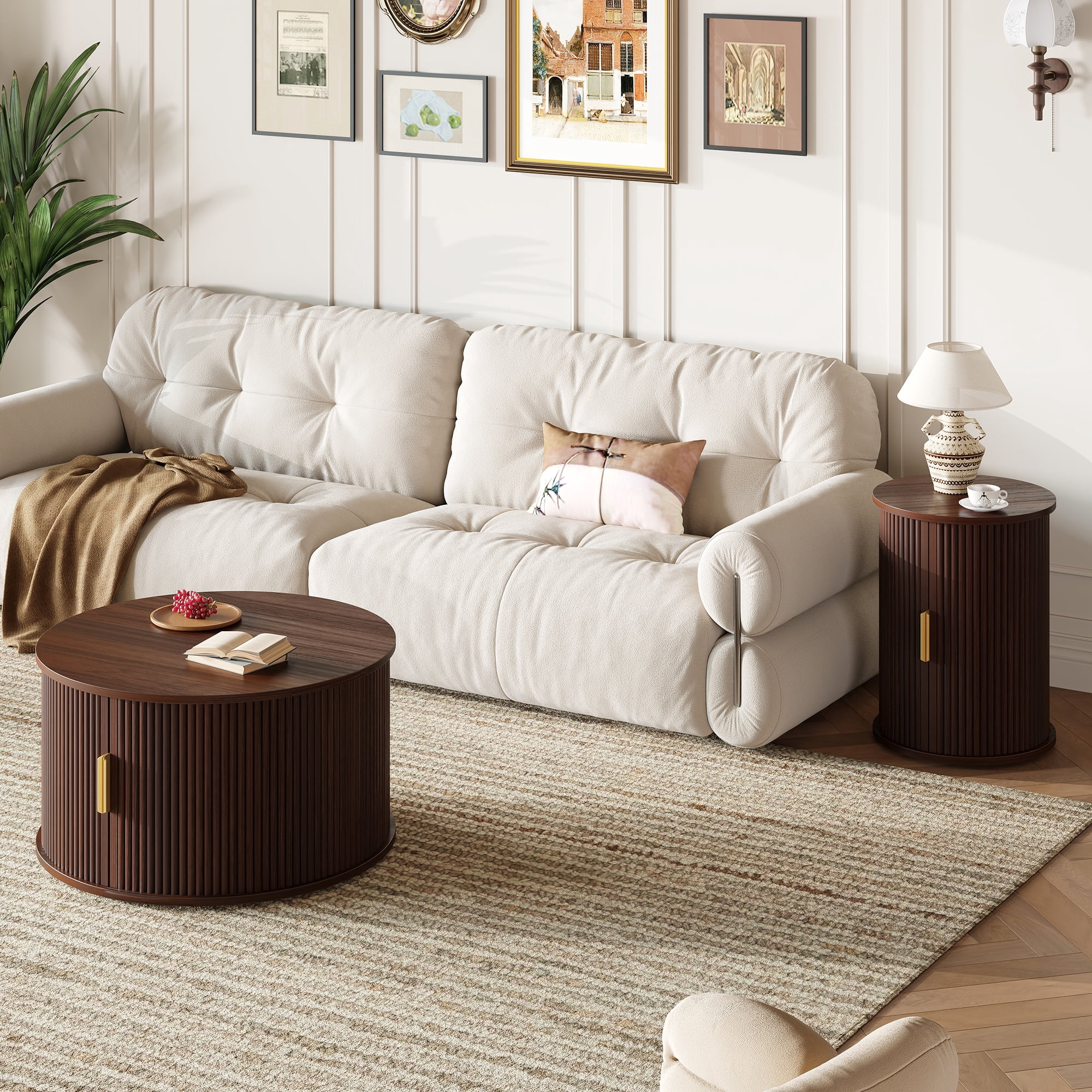Euroco Mid-Century Coffee Table Set with Sliding Tambour Door, Round Fluted End Table With Storage, Golden Handle Tall & Low Side Table with Wooden Finish for Living Room, Set of Two