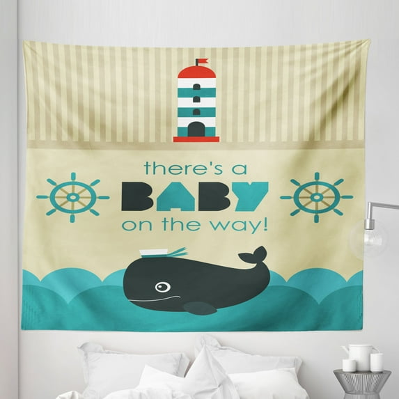 Ahoy Its a Boy Tapestry, on the Way Message with Marine Theme Set up Dolphin Wheel, Fabric Wall Hanging Decor for Bedroom Living Room Dorm, 5 Sizes, Dark Blue Khaki Teal, by Ambesonne