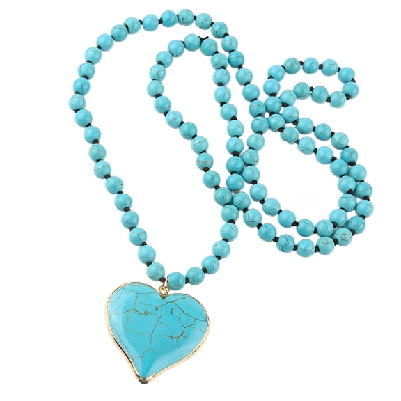 DESIGNICE Women's Vintage Turquoise Beaded Necklace Heart Pendant Ethnic Style Neckchain Bohemian Long Sweater Chain Jewelry