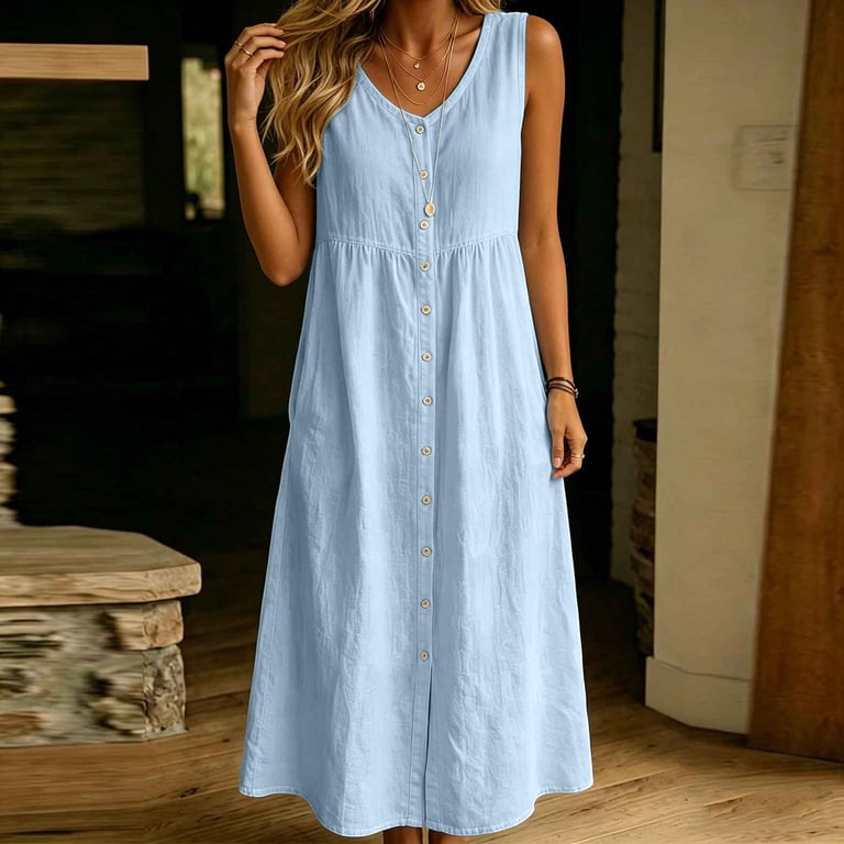 empire waist sun dress Aohooy Summer Dresses for Women Cotton Linen Sleeveless Vacation Button Down Long Maxi Beach Tank Dresses Blue,XL, Women's Our plus size dress for women offers the perfect long sleeve midi dress black dress with empire waist