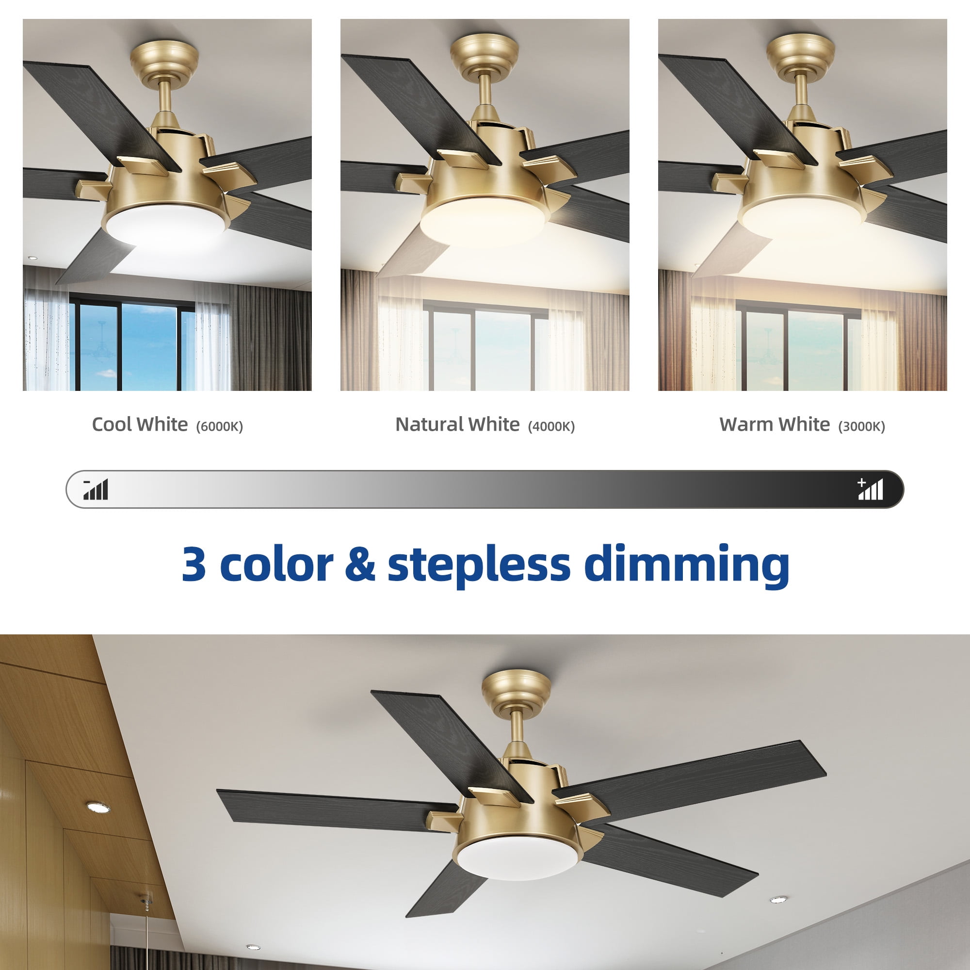 Dextrus 52in Modern Black Gold Ceiling Fan with Light and Wall Switch Remote, 6-Speed 5 Blades Memory Function for Bedroom Living Room Patio