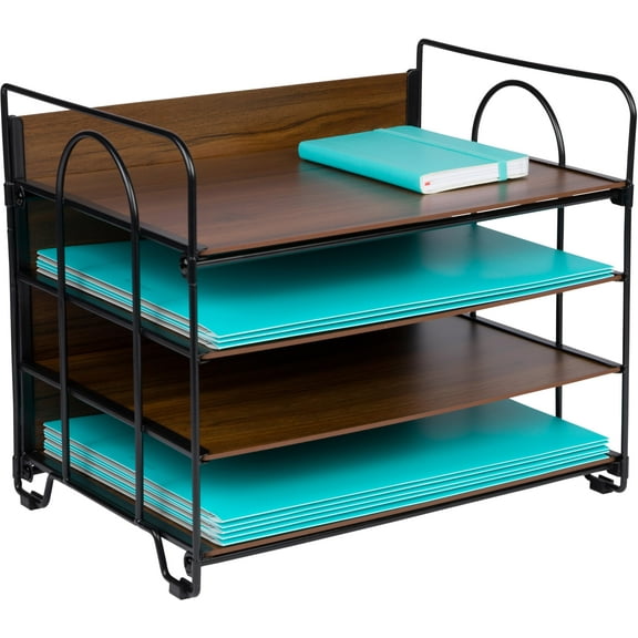 4-Tier Office Organizer, Desk File Organizer with Wood Patterned Shelves, Office Supplies Desktop Organization for Storage of Paper, Bills, Letters, Multi-Functional Desk Organization and Accessories