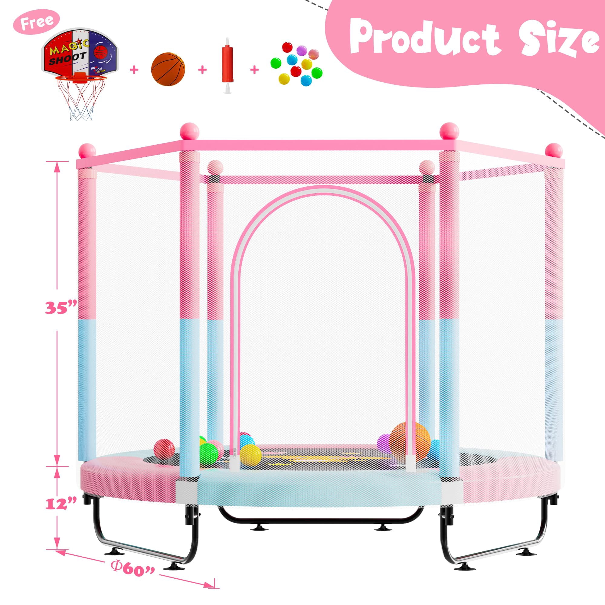60" Trampoline for Kids, 5 FT Indoor & Outdoor Toddler Baby Trampoline with Basketball Hoop, Safety Enclosure, Birthday Gifts for Kids, Gifts for Boy and Girl, Age 3-8