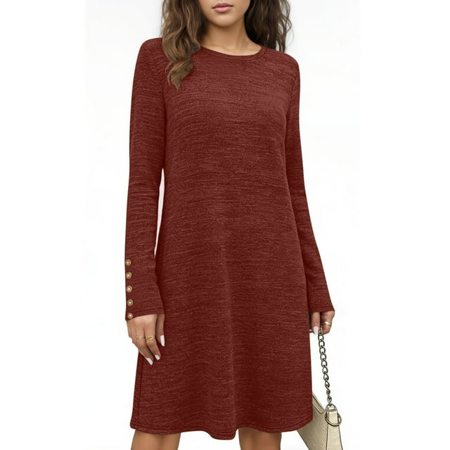 TaTaai Women's Spring Summer Casual Dress Long Sleeve Round Neck Printed Loose Fit Knee Length Shift Dress Soft Gift
