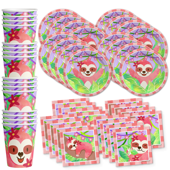Girl Sloth Birthday Party Supplies Set Plates Napkins Cups Tableware Kit for 16