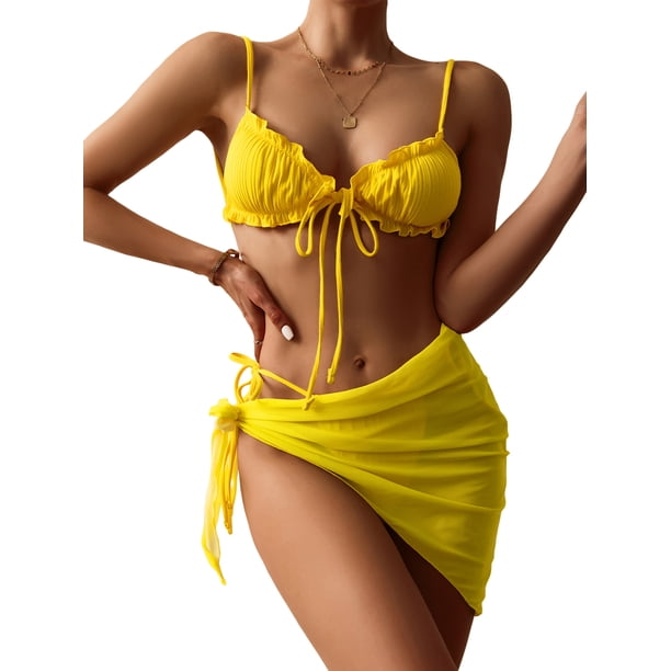 Txlixc Conjunto de traje de baño dividido para mujer, bikini con volantes+bragas con cordones+cobertores de malla Txlixc Moda