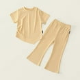 thumbnail image 7 of Two Piece Kids Ribbed Outfit Girls Asymmetrical Hem Crop Tees Wide Leg Pants Casual Summer Fashion Clothes Lounge Wear 12 Years, Yellow, 7 of 7